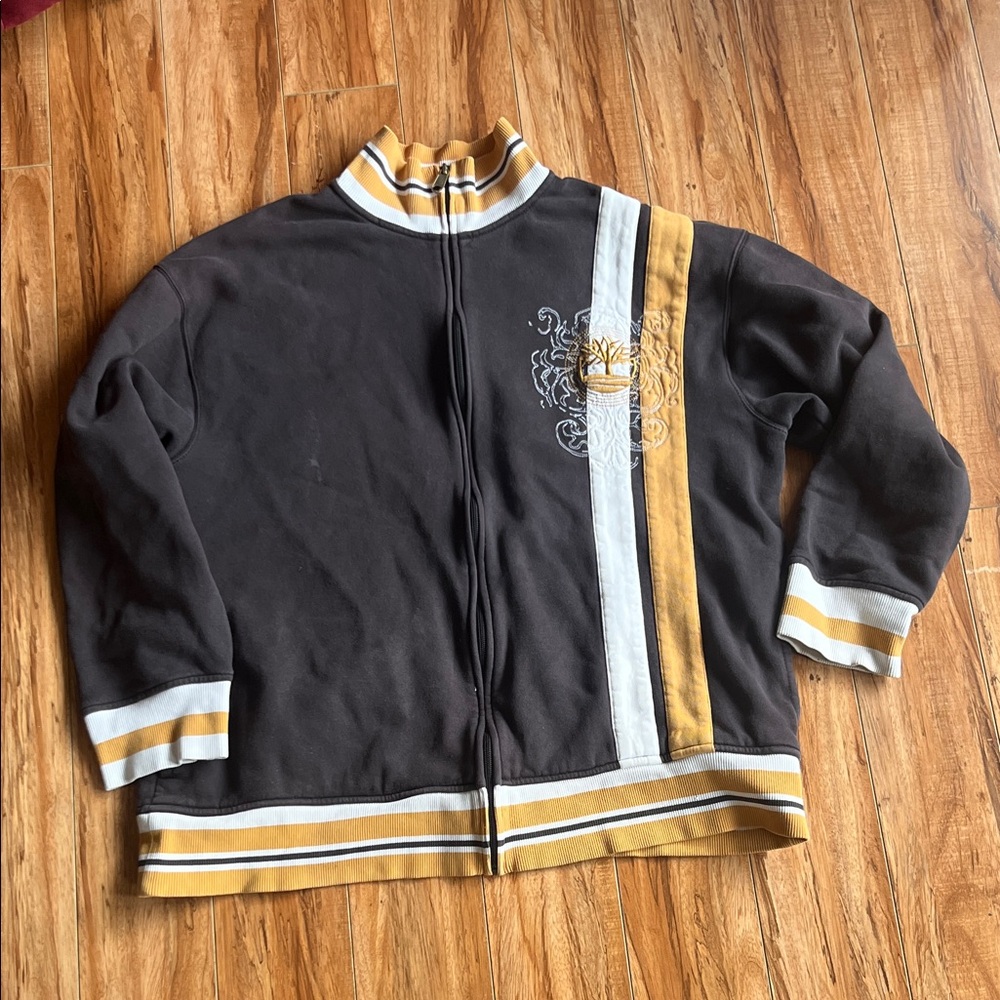 Vintage Timberland Striped Trim Black Zip-Up Jacket with Gold Accent